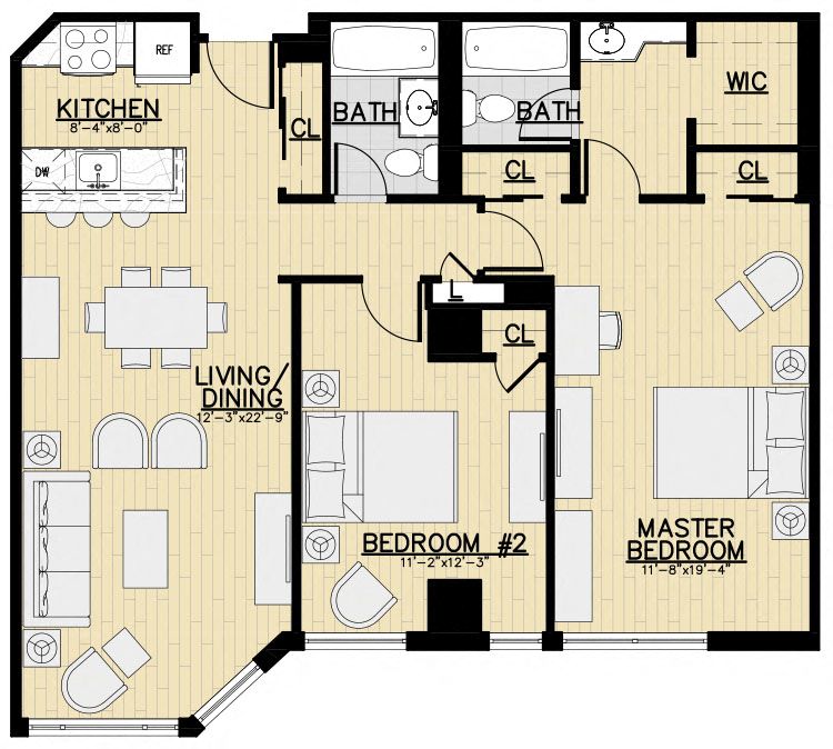Floor plan for 2 beds, 2 baths, 1071 sqft